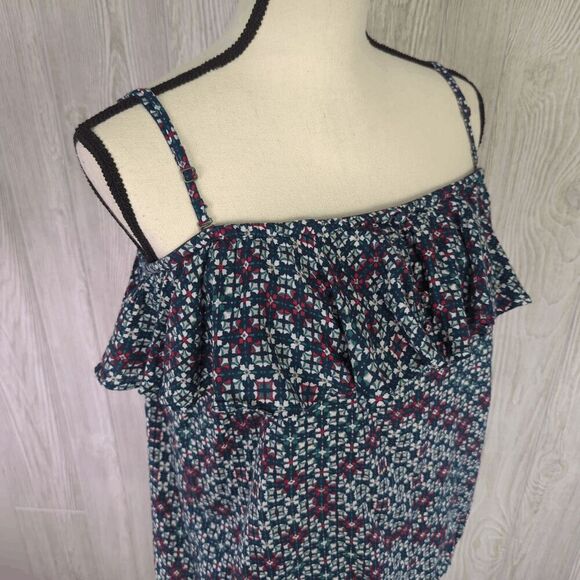 Roxy Mosaic Tile Print Ruffle Cami Top Size XL Blue and Red Removeable Straps - Picture 2 of 8